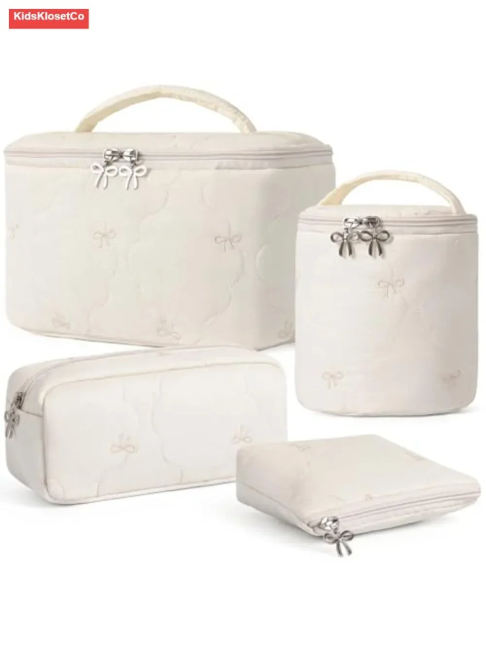 4-Piece Quilted Makeup Bag Set with Bow Zippers, Waterproof Nylon Travel